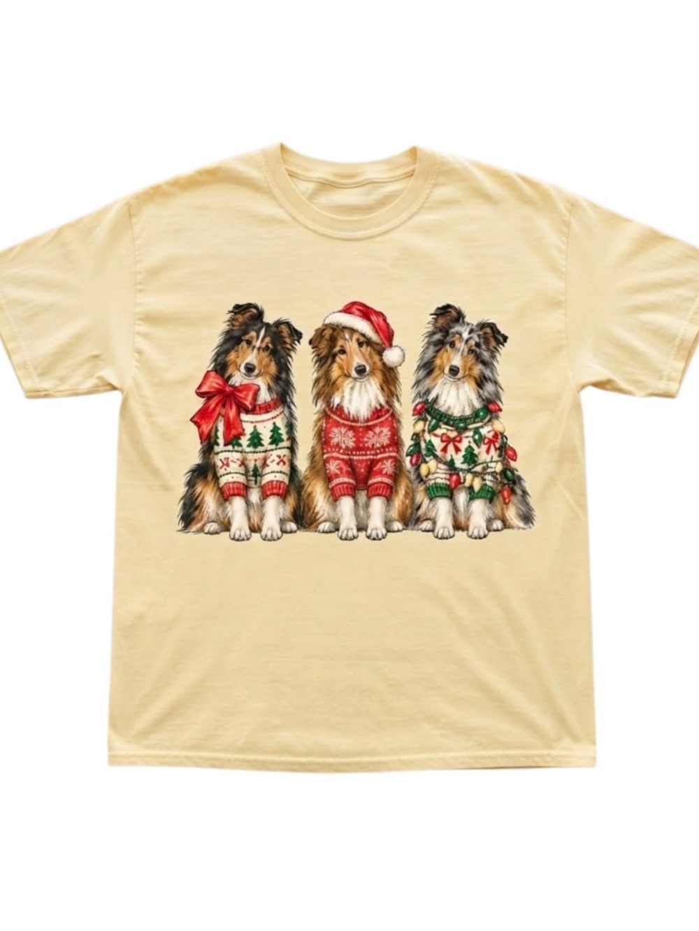 Gildan Cream Tee with Rough Collie Dogs in Red & Green Sweaters